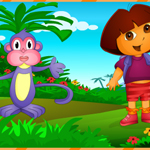 Kaşif Dora fark bulmaca oyunu, dora ile maymununun yanında tilki ve güvercinl...
